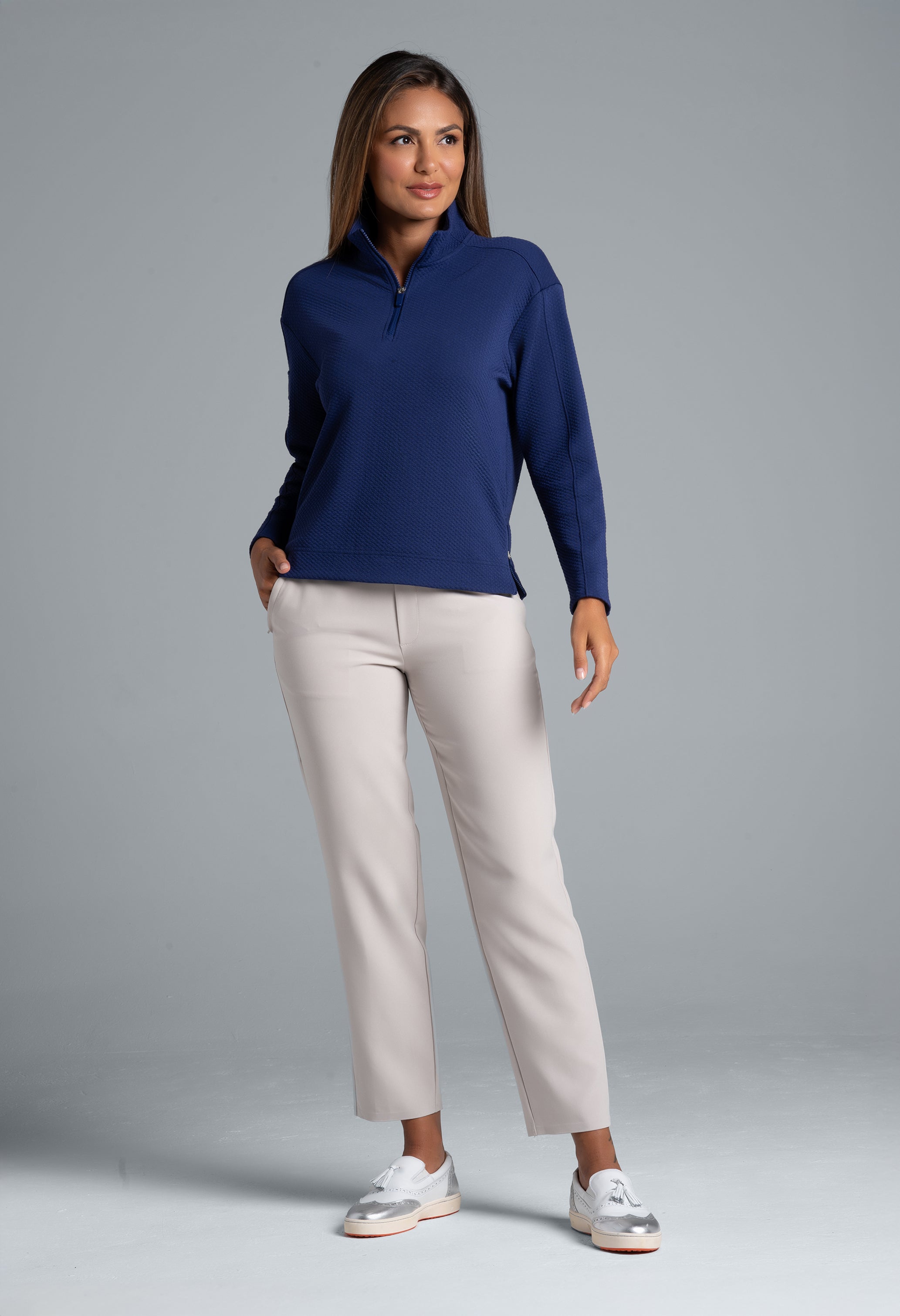 Solid Popcorn Stitch 1/4 Zip Pullover - 42000